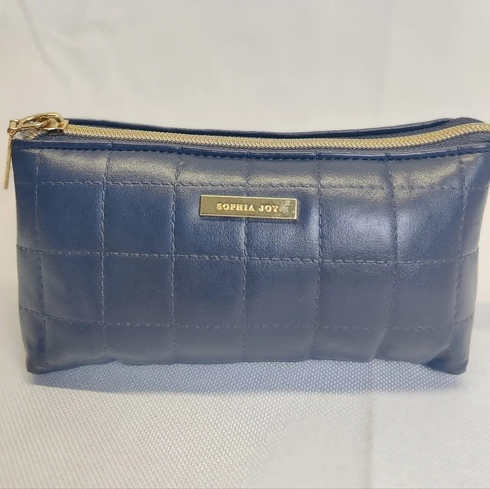 Two New Sophia Joy Makeup Bags Soft Quilted Navy Blue Faux Leather Zippers 4x7